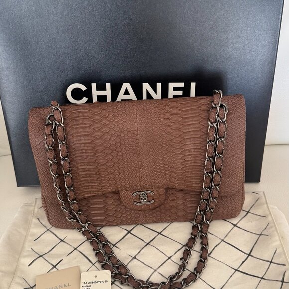AUTHENTIC CHANEL 11A EXOTIC PYTHON JUMBO CLASSIC DOUBLE FLAP BAG BROWN - Picture 10 of 13